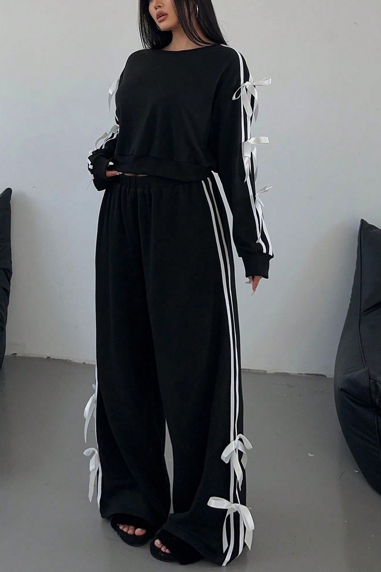 Arolora Striped Bow Tie Sleeve Hoodie Suits