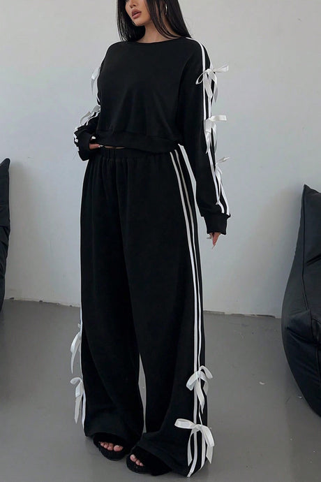 Arolora Striped Bow Tie Sleeve Hoodie Suits