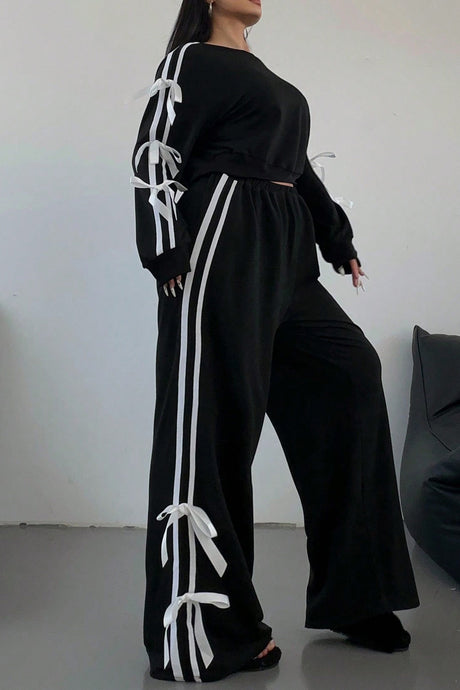 Arolora Striped Bow Tie Sleeve Hoodie Suits