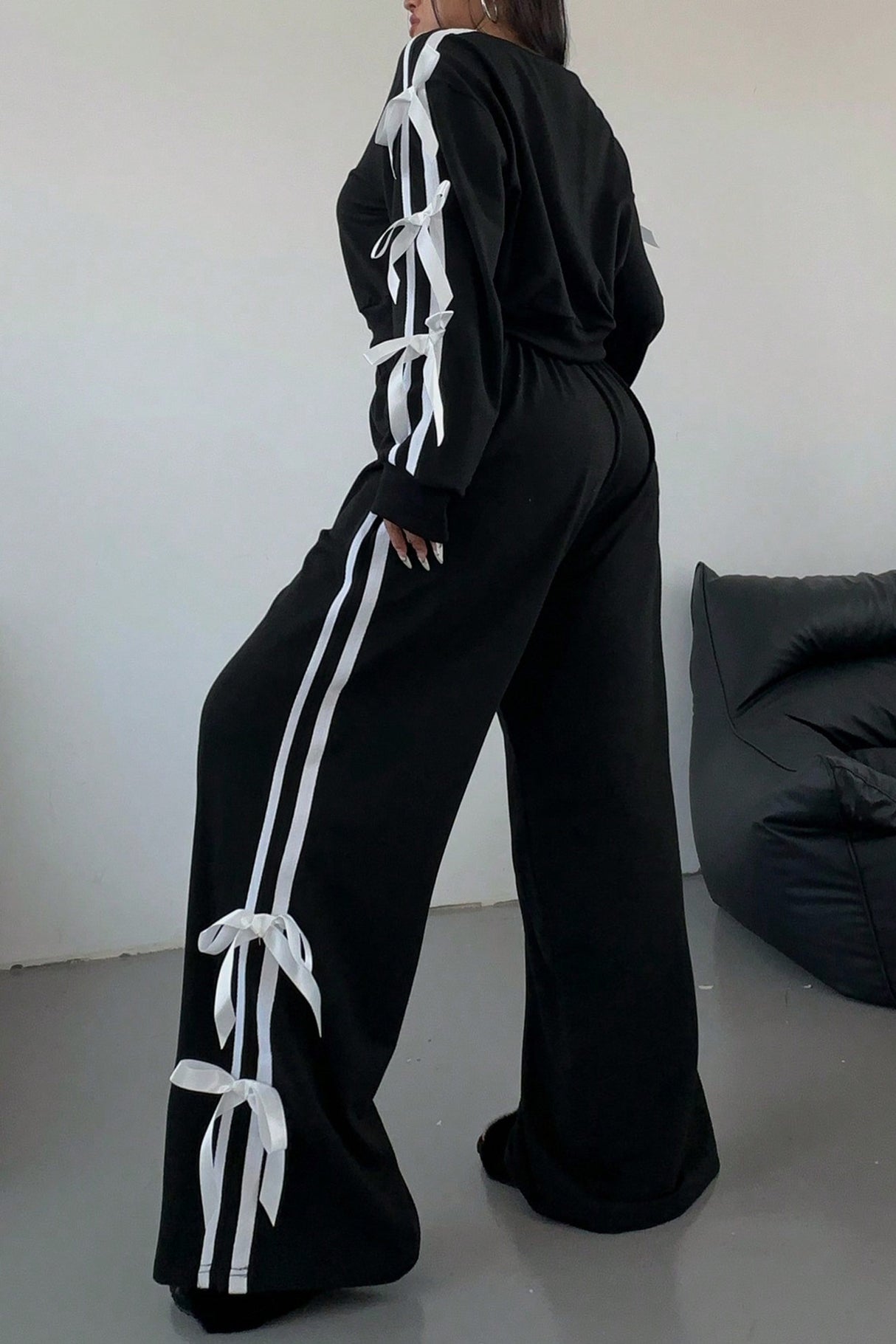 Arolora Striped Bow Tie Sleeve Hoodie Suits