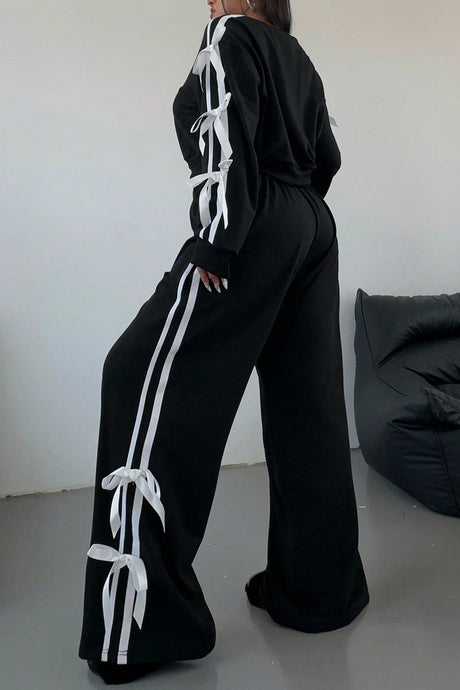 Arolora Striped Bow Tie Sleeve Hoodie Suits