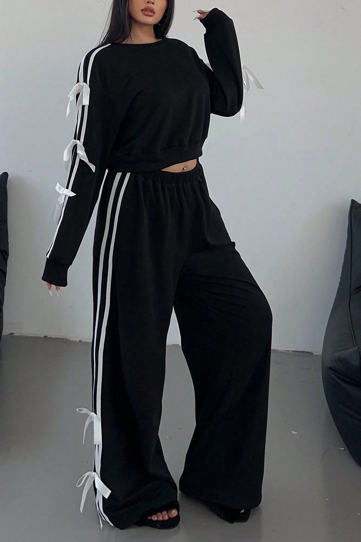 Arolora Striped Bow Tie Sleeve Hoodie Suits