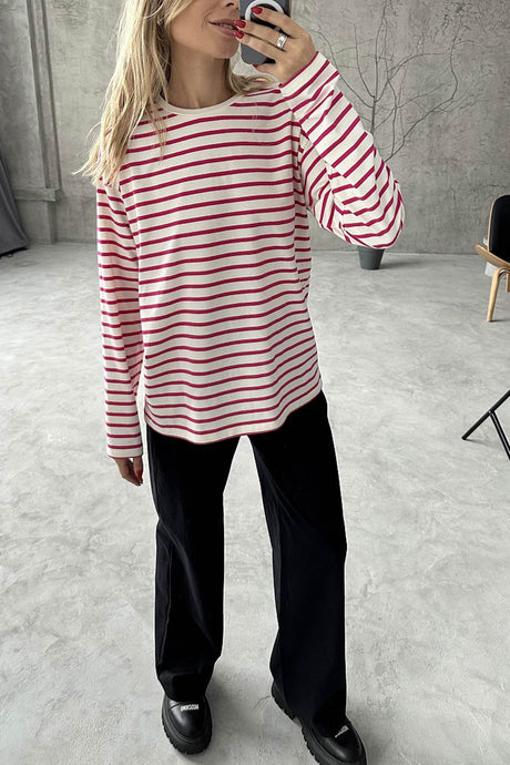 Arolora striped-crew-neck-long-sleeve-cotton-t-shirt