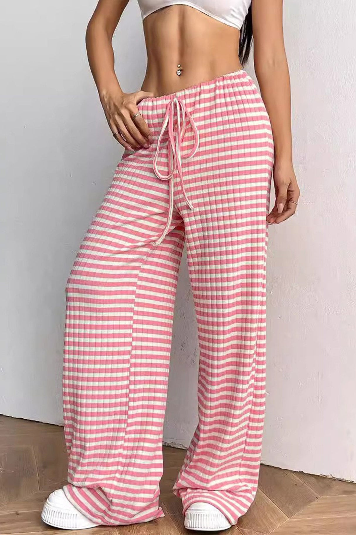 Arolora striped-drawstring-waist-cotton-long-pants