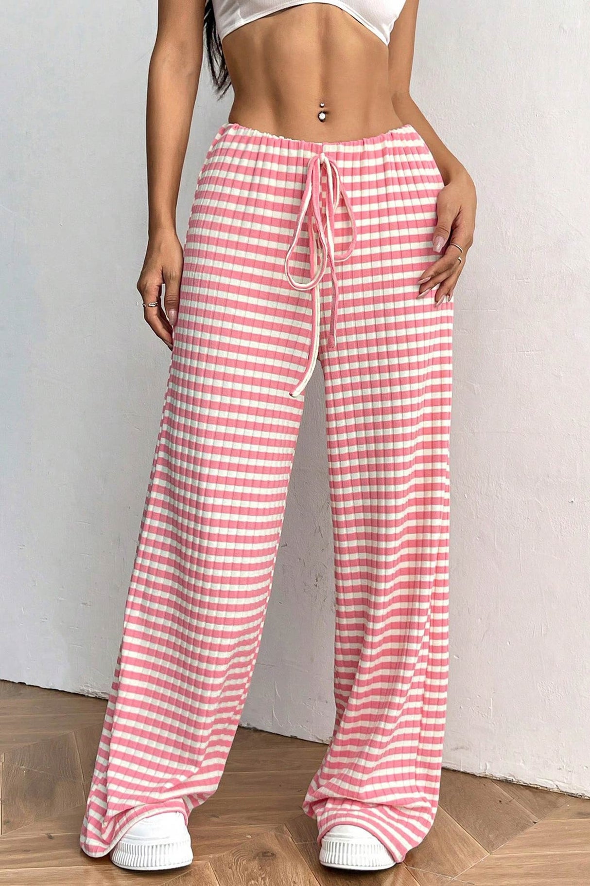 Arolora striped-drawstring-waist-cotton-long-pants