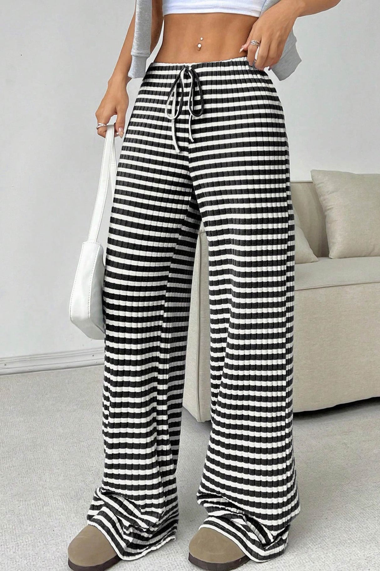Arolora striped-drawstring-waist-cotton-long-pants