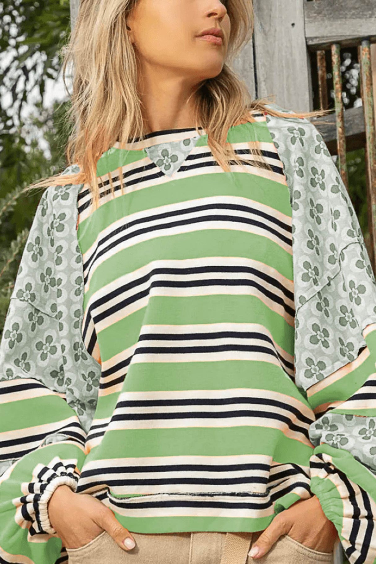 Arolora striped-floral-print-cotton-sweatshirt