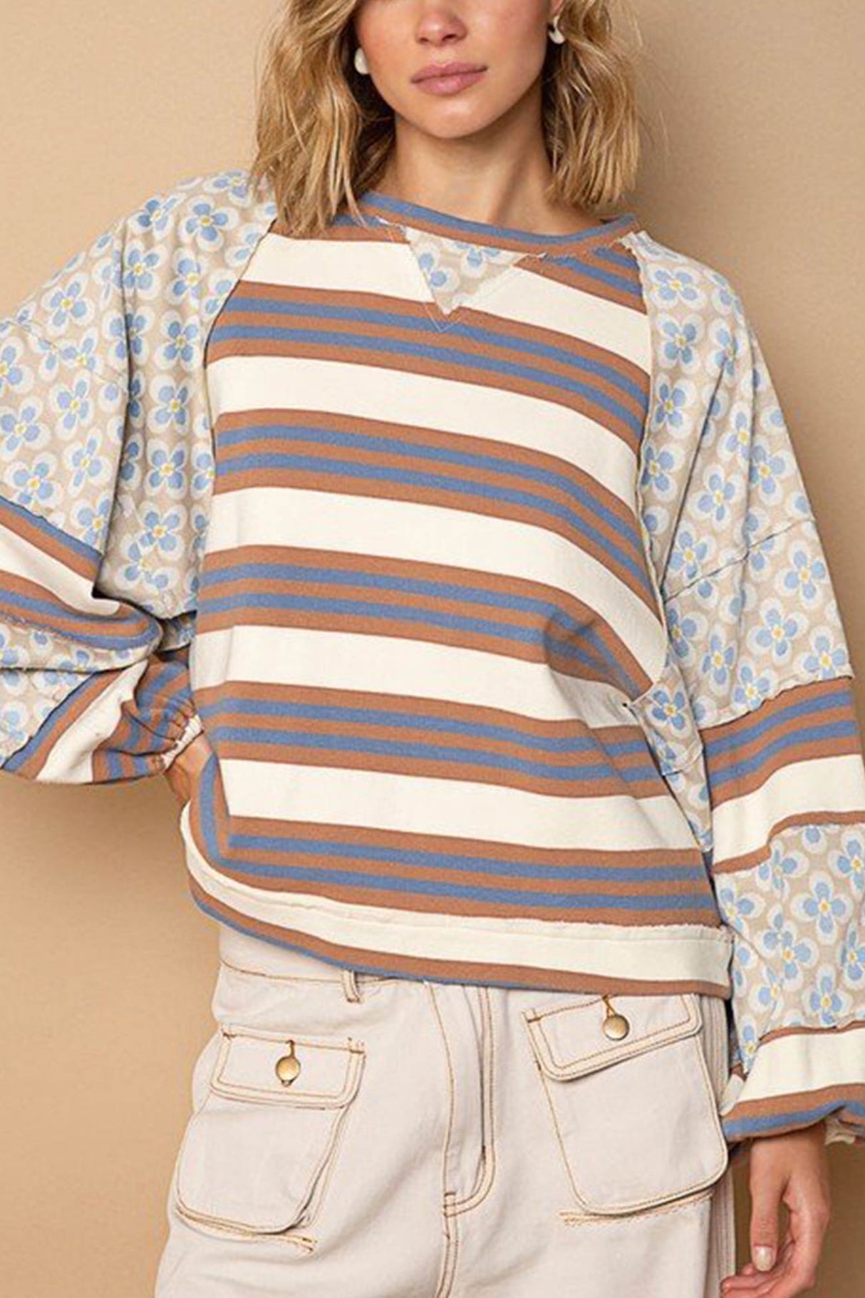 Arolora striped-floral-print-cotton-sweatshirt