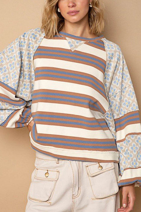 Arolora striped-floral-print-cotton-sweatshirt