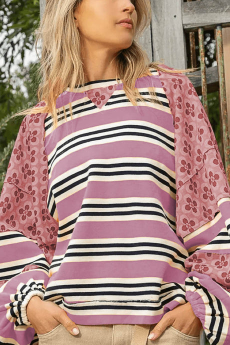 Arolora striped-floral-print-cotton-sweatshirt