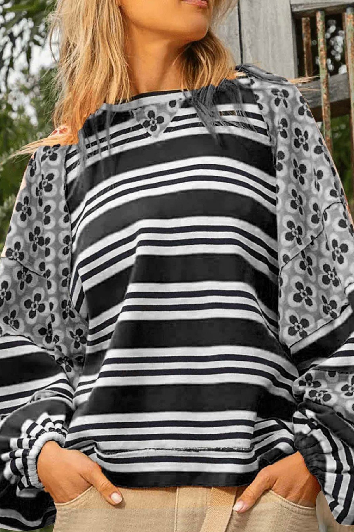 Arolora striped-floral-print-cotton-sweatshirt