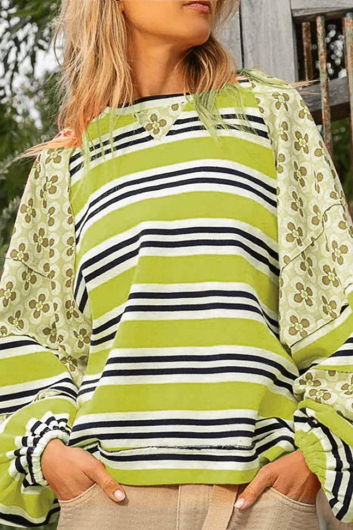 Arolora striped-floral-print-cotton-sweatshirt