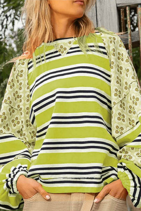 Arolora striped-floral-print-cotton-sweatshirt