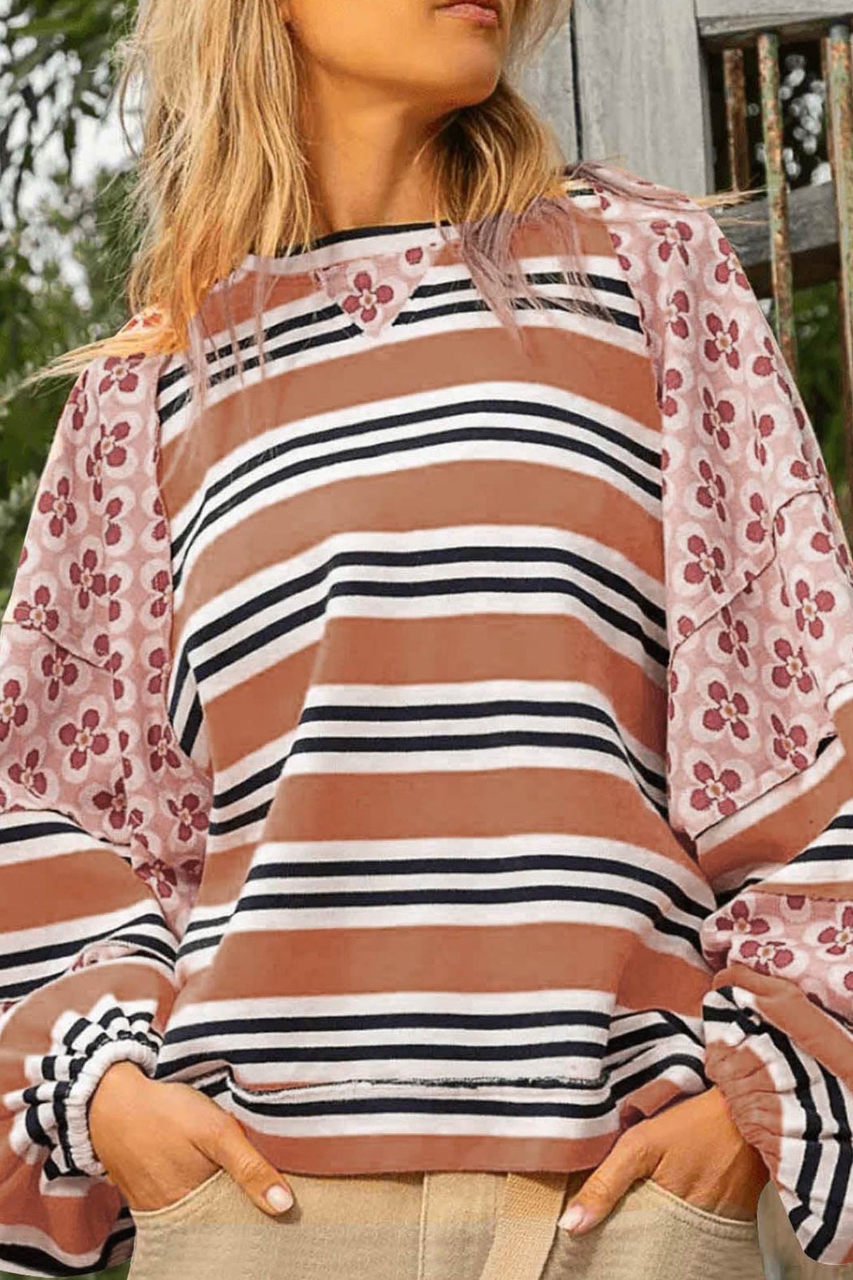 Arolora striped-floral-print-cotton-sweatshirt