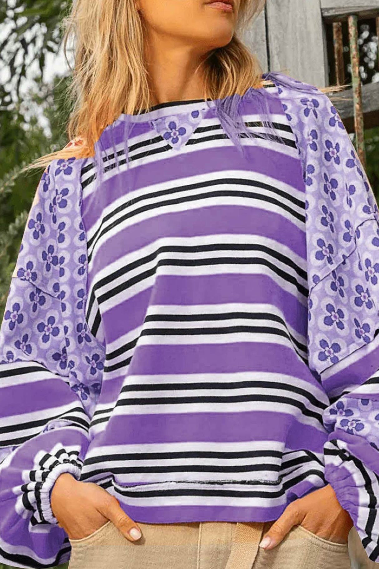 Arolora striped-floral-print-cotton-sweatshirt