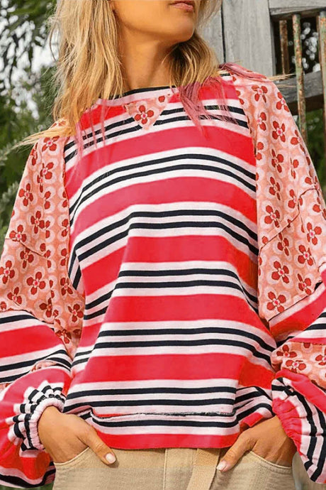 Arolora striped-floral-print-cotton-sweatshirt