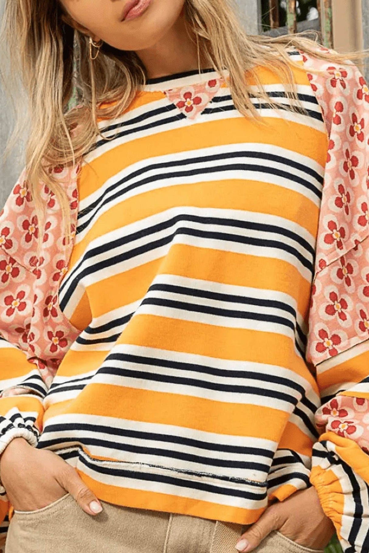 Arolora striped-floral-print-cotton-sweatshirt