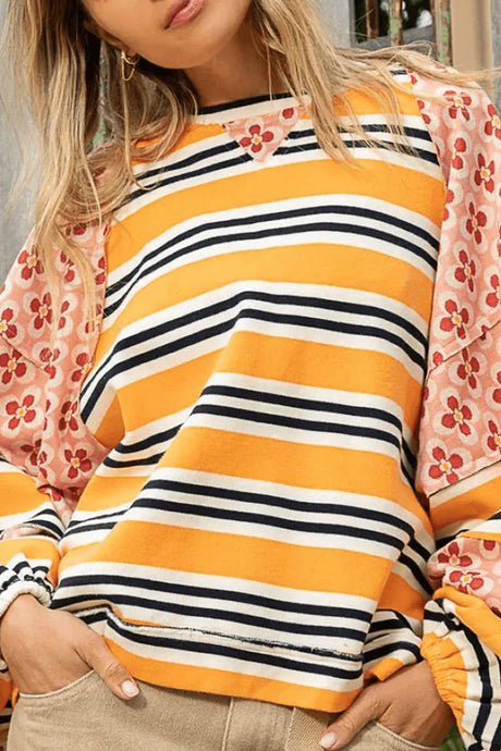 Arolora striped-floral-print-cotton-sweatshirt