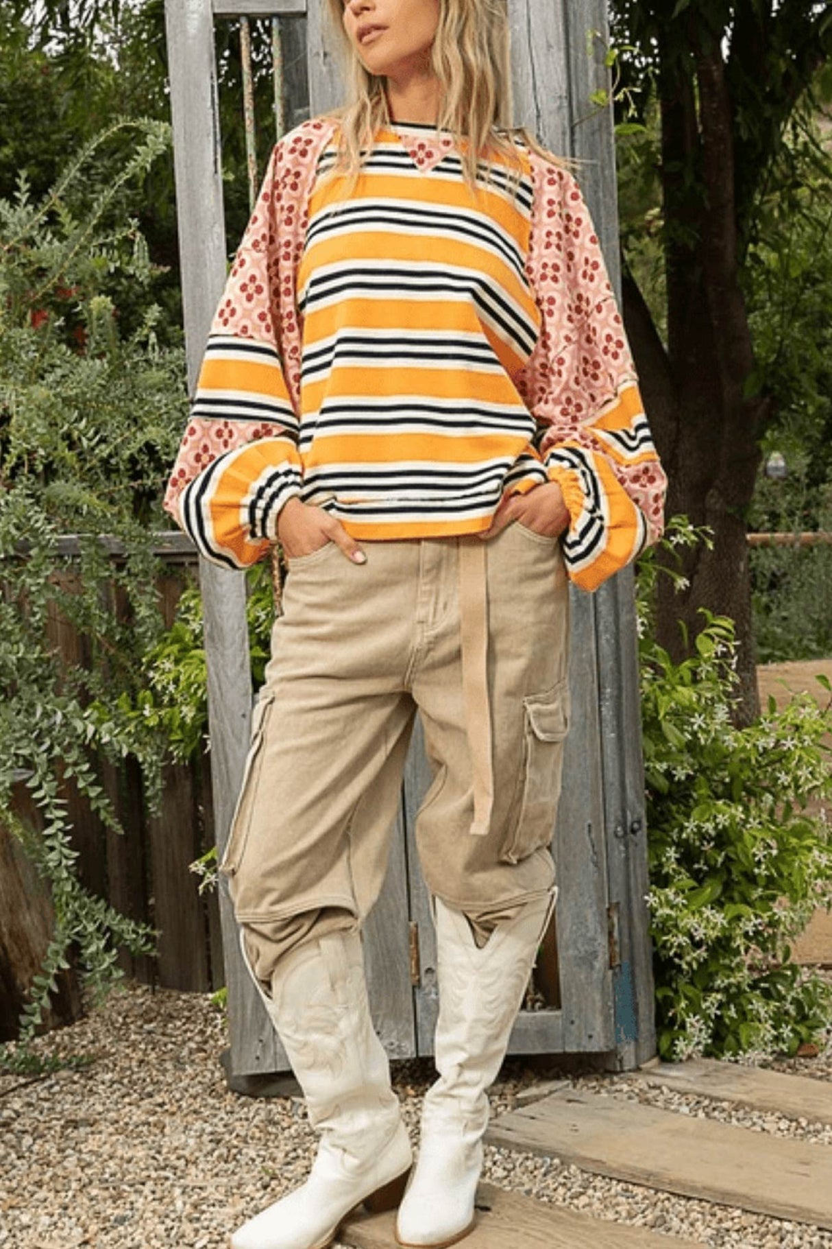 Arolora striped-floral-print-cotton-sweatshirt