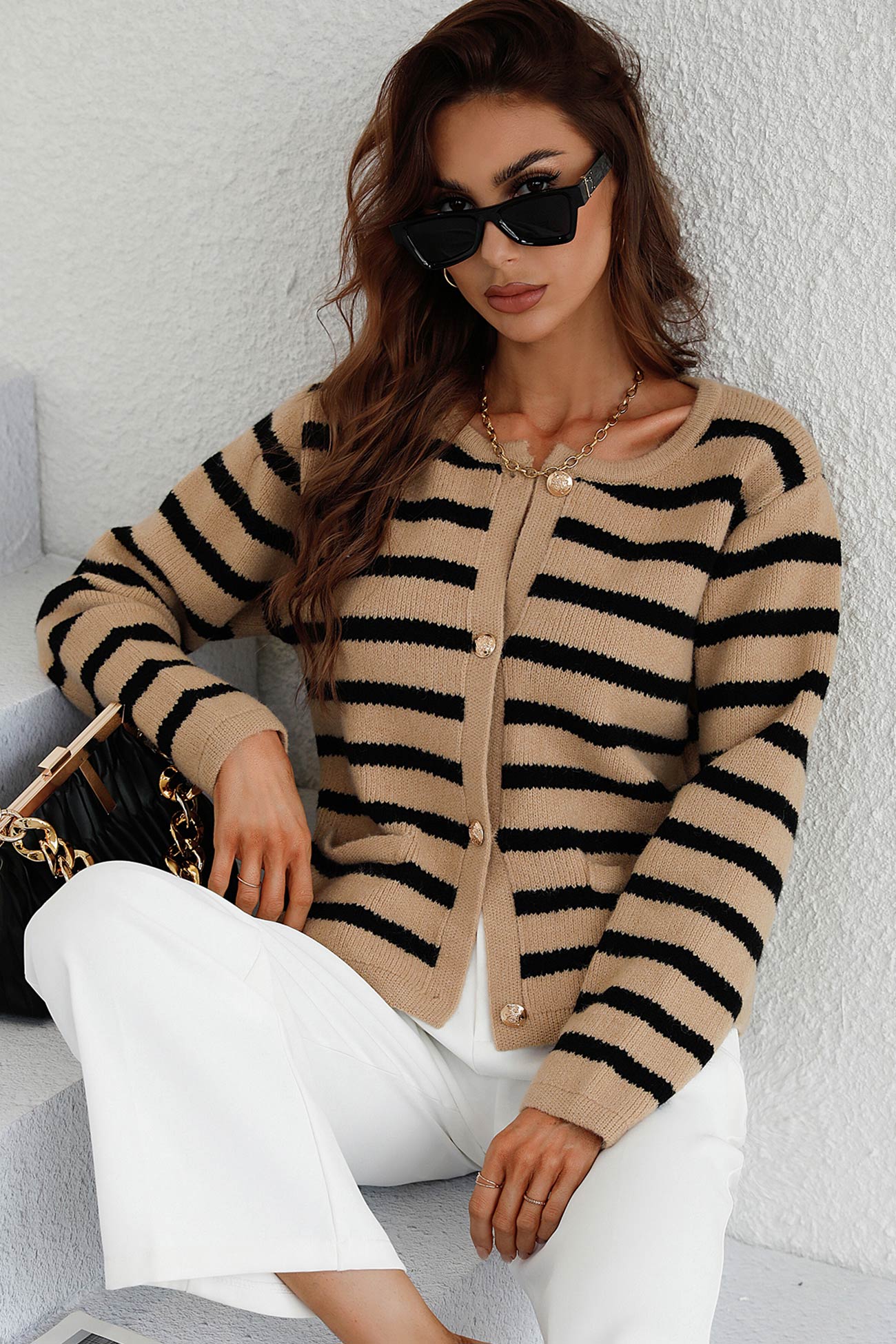 Arolora striped-front-with-pocket-cardigan