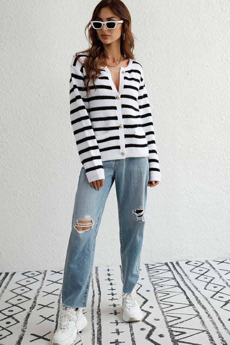 Arolora striped-front-with-pocket-cardigan