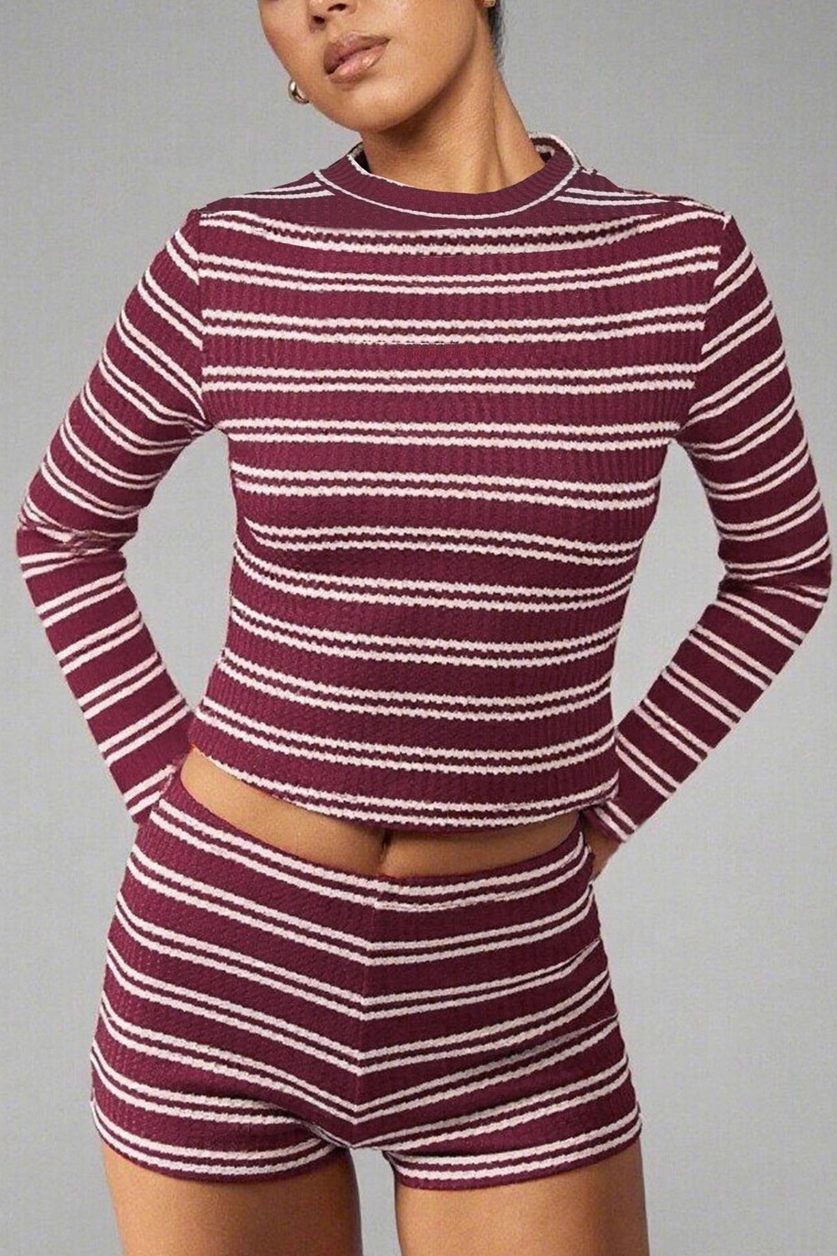 Striped Long Sleeve Cropped Top Two-piece Shorts Sets