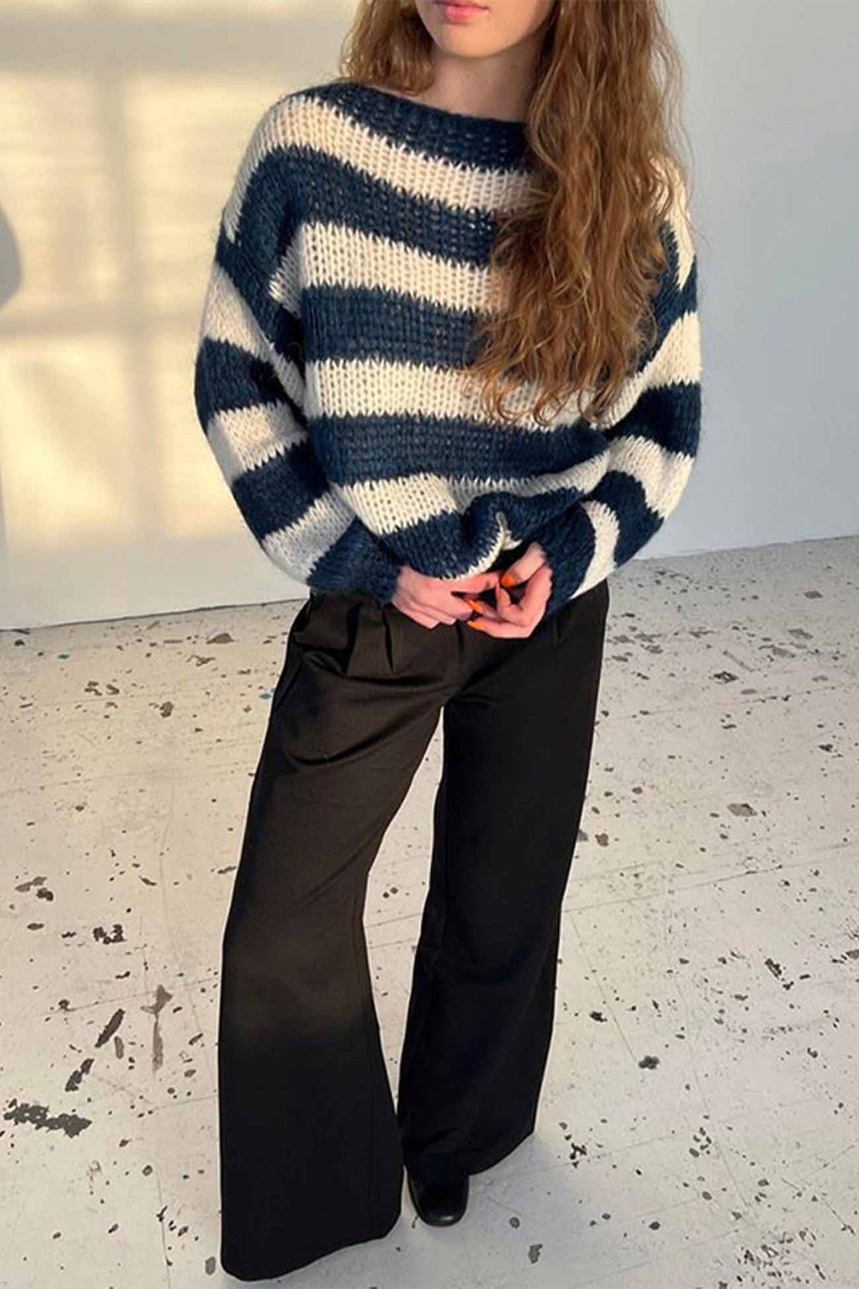 Arolora striped-drop-shoulder-long-sleeve-knit-sweater