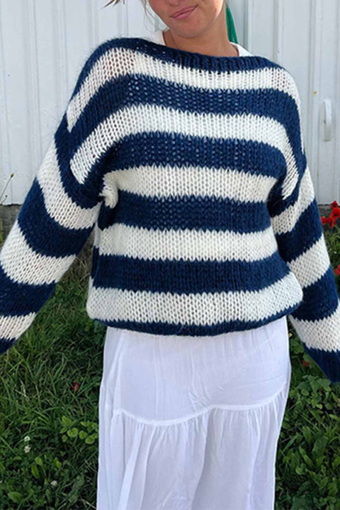 Arolora striped-drop-shoulder-long-sleeve-knit-sweater