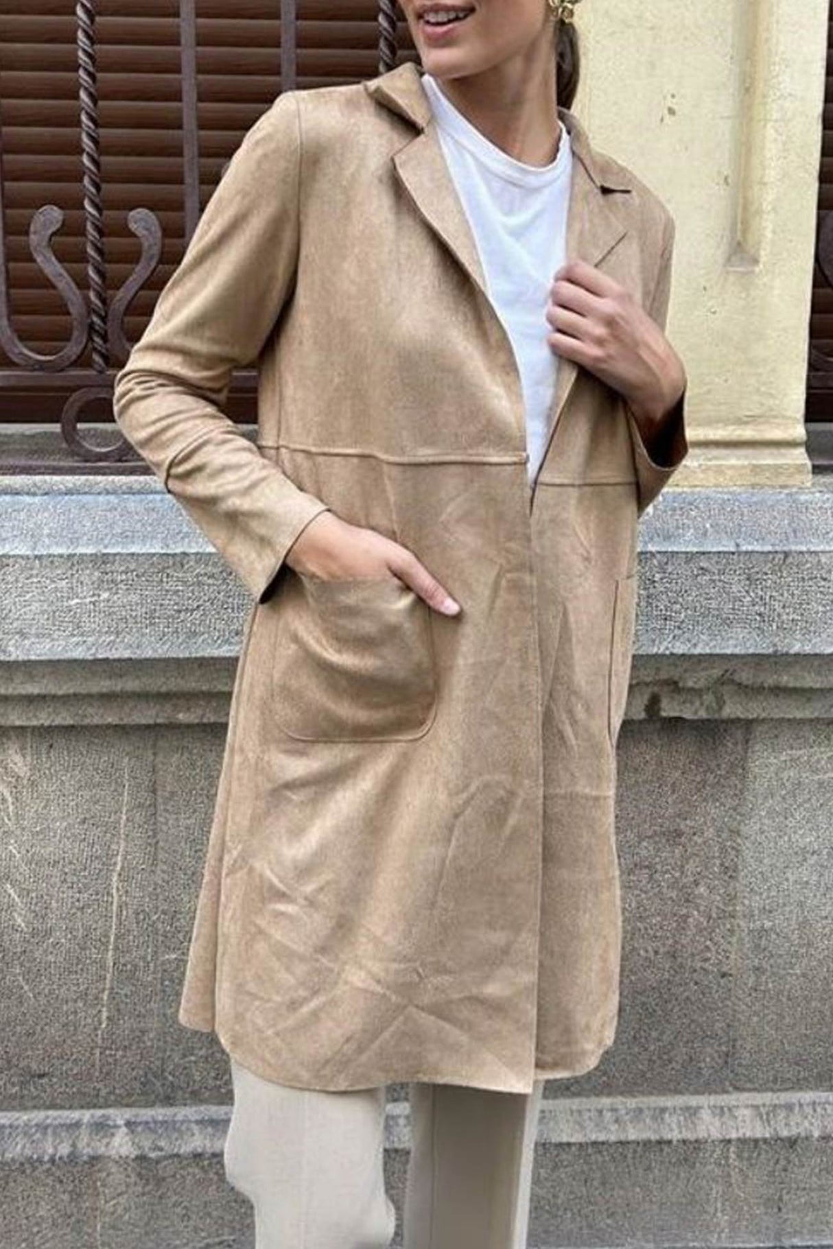 Suede Solid Mid-length Blazer