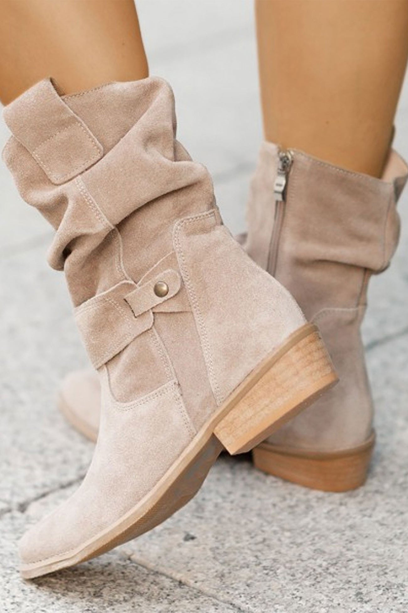 Suede Buckle Zipper Ankle Boots