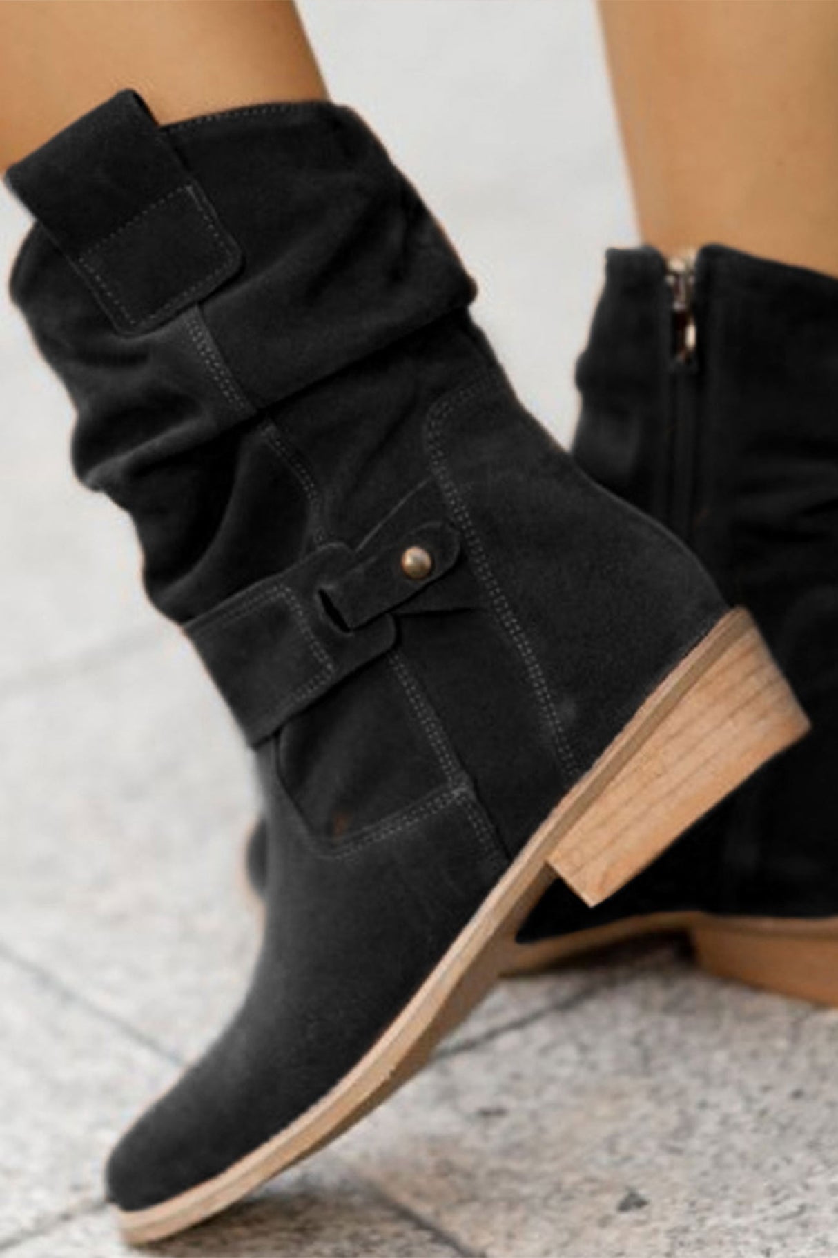 Suede Buckle Zipper Ankle Boots