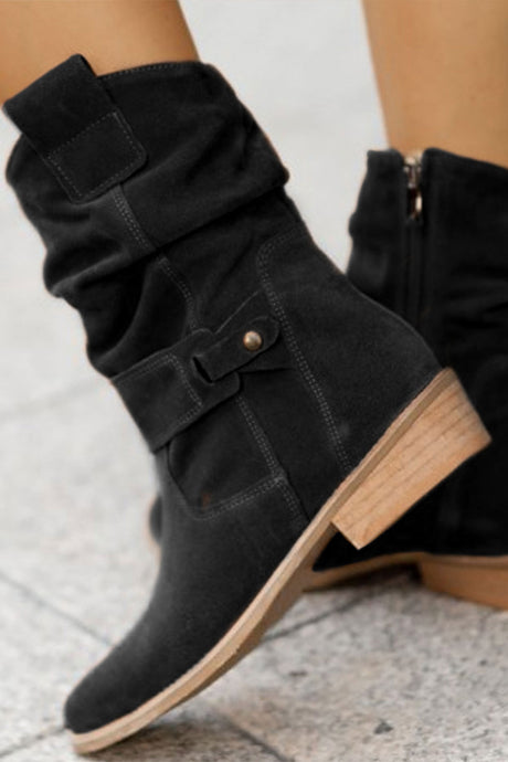 Suede Buckle Zipper Ankle Boots