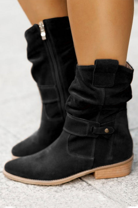 Suede Buckle Zipper Ankle Boots
