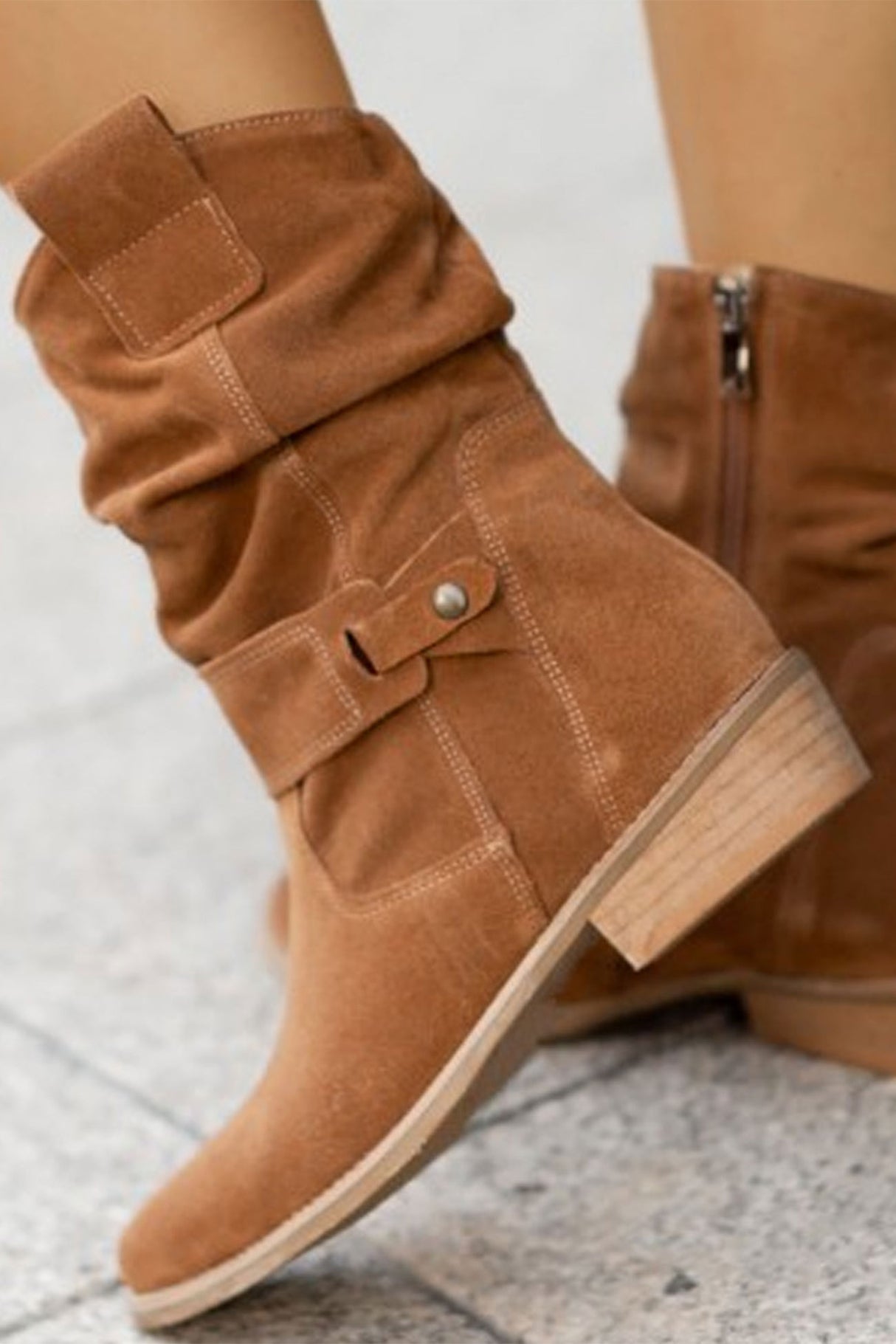 Suede Buckle Zipper Ankle Boots