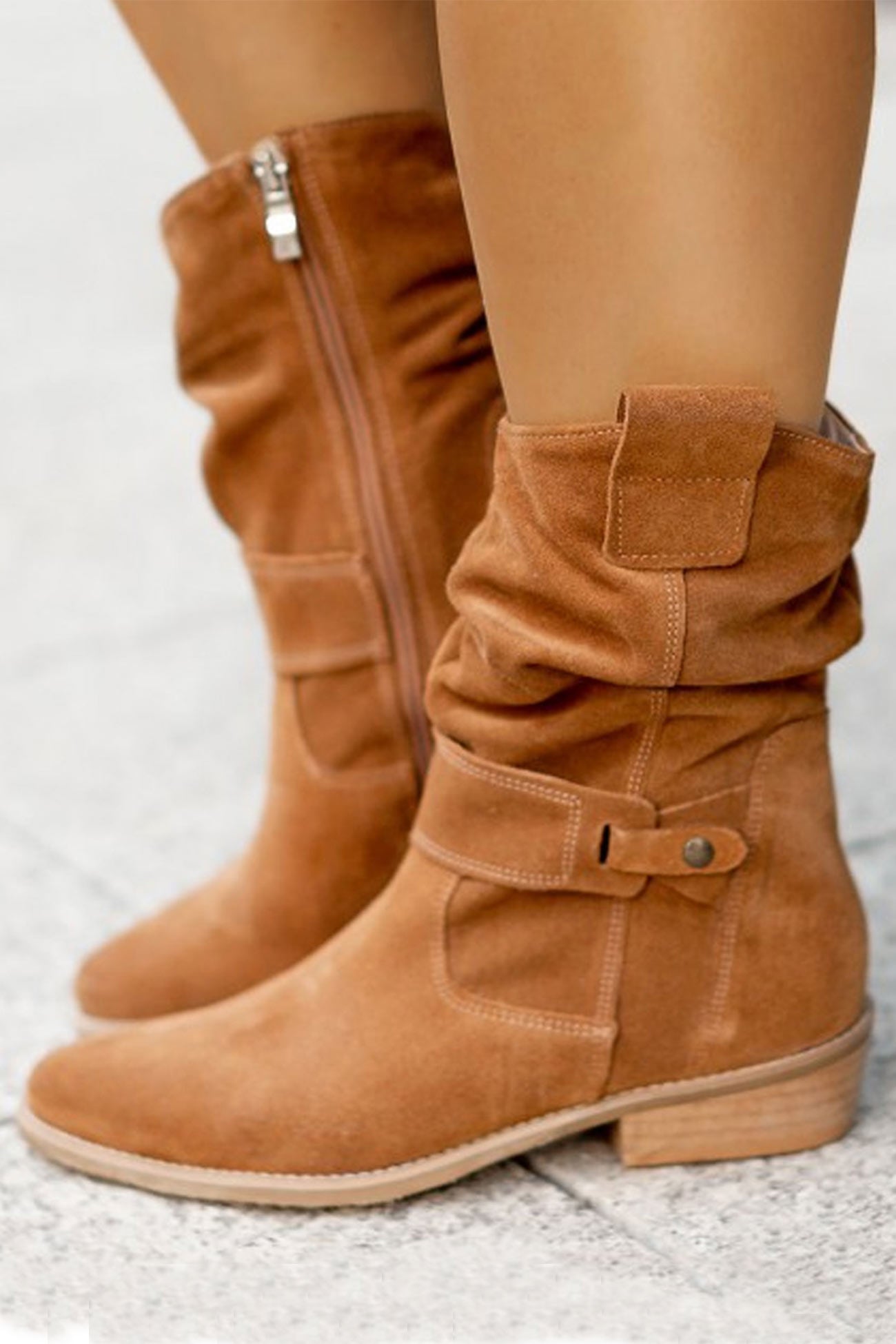 Suede Buckle Zipper Ankle Boots