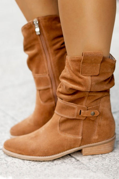Suede Buckle Zipper Ankle Boots