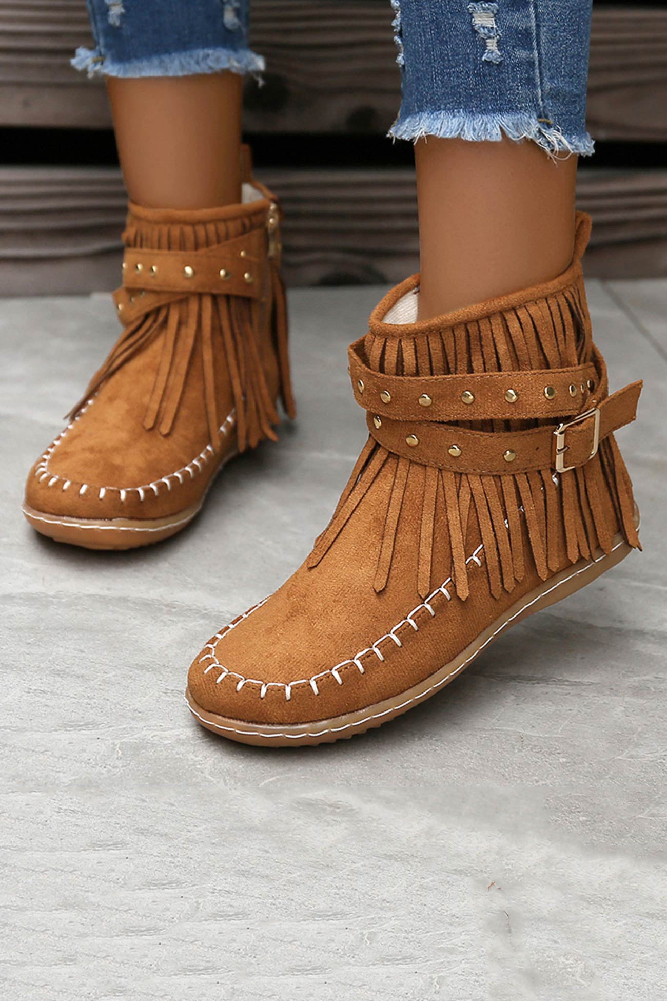 Arolora Tassel Rivet Buckle Ankle Boots
