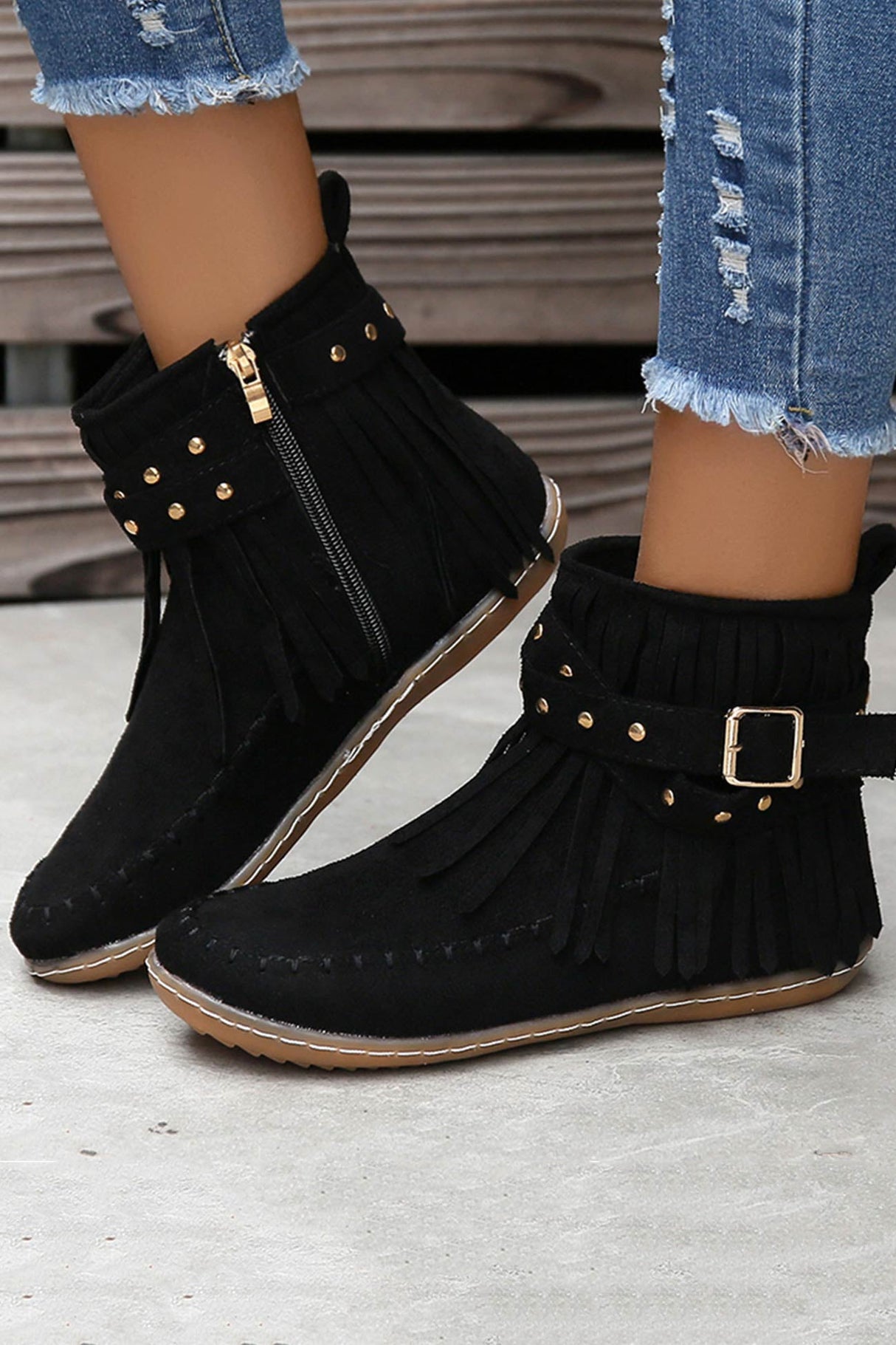 Arolora Tassel Rivet Buckle Ankle Boots