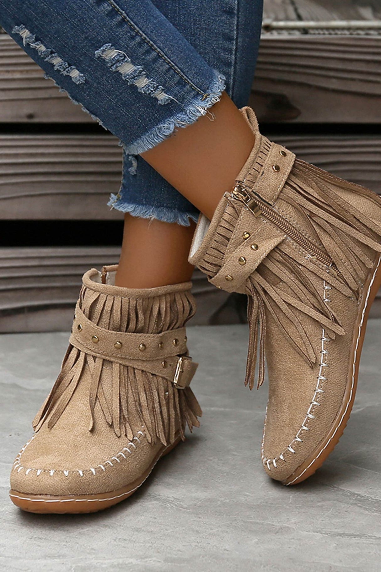 Arolora Tassel Rivet Buckle Ankle Boots