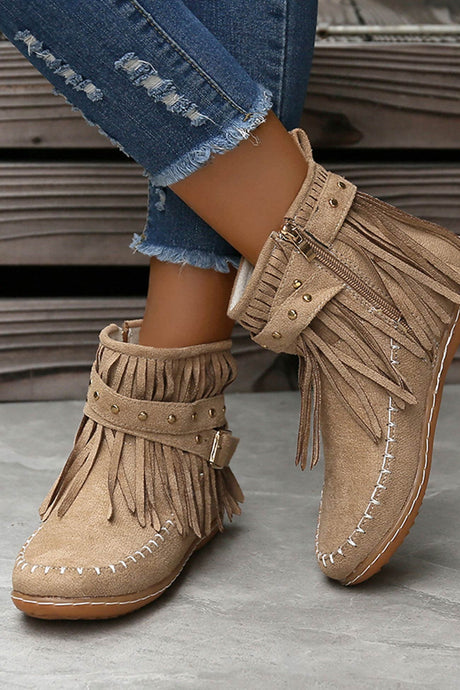 Arolora Tassel Rivet Buckle Ankle Boots