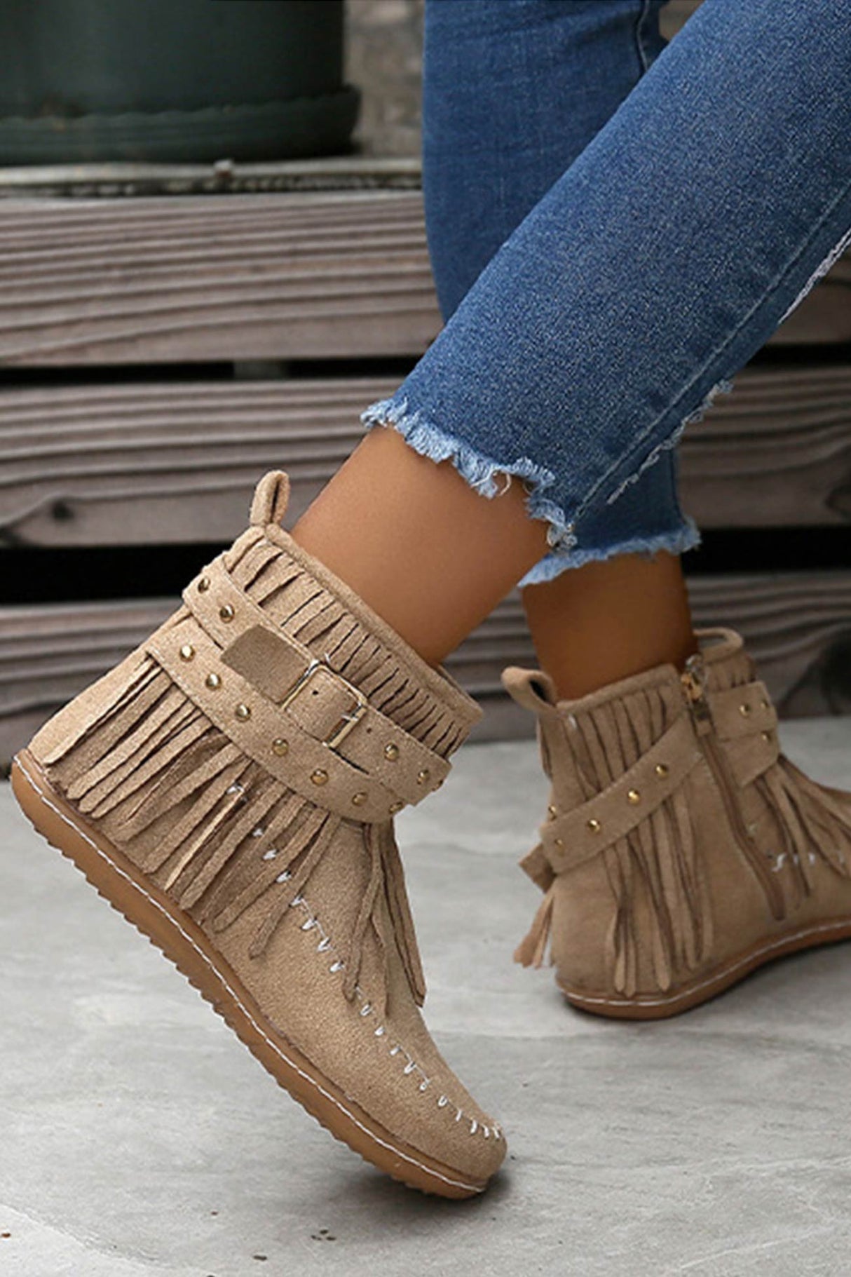 Arolora Tassel Rivet Buckle Ankle Boots