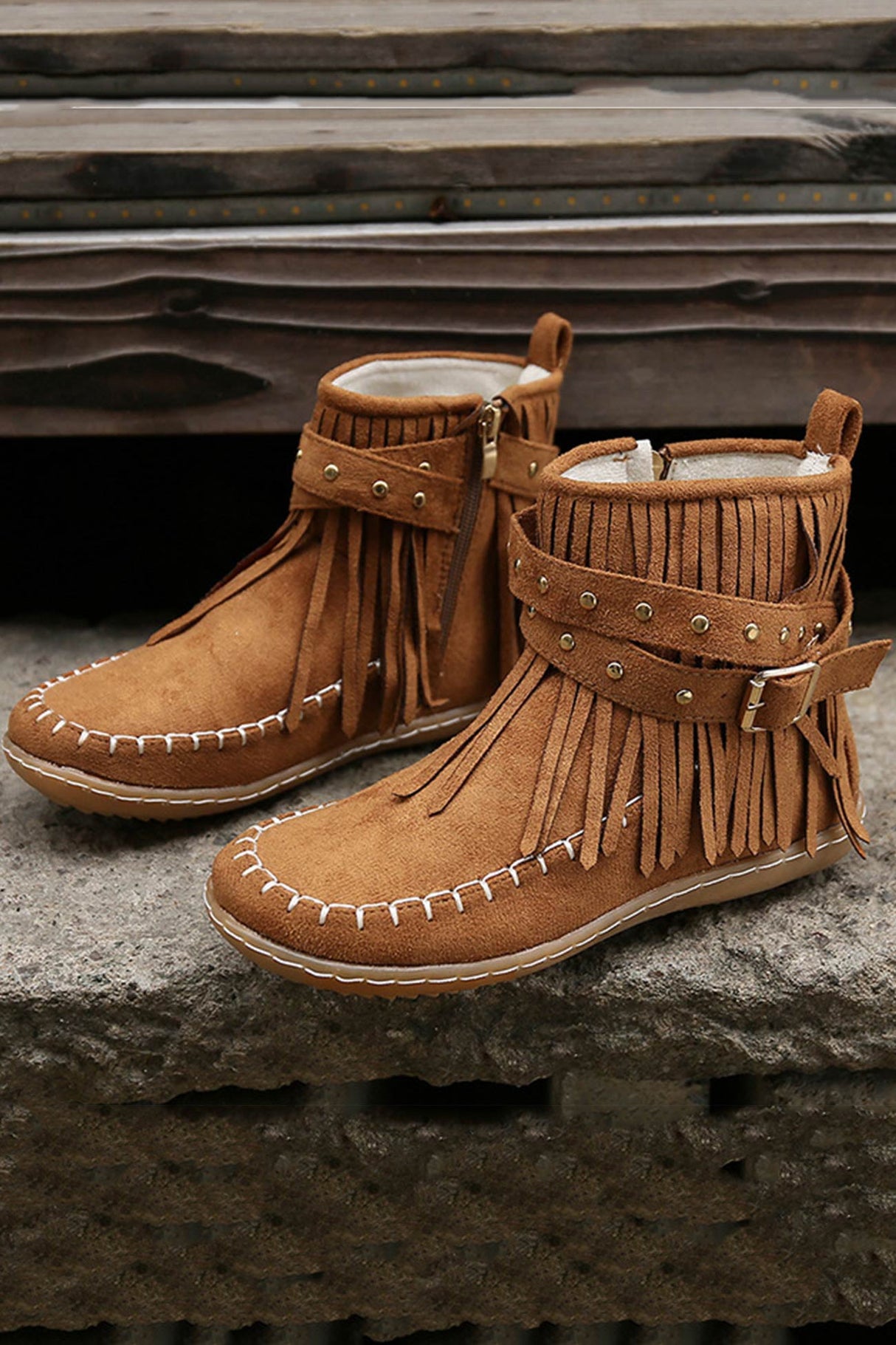 Arolora Tassel Rivet Buckle Ankle Boots