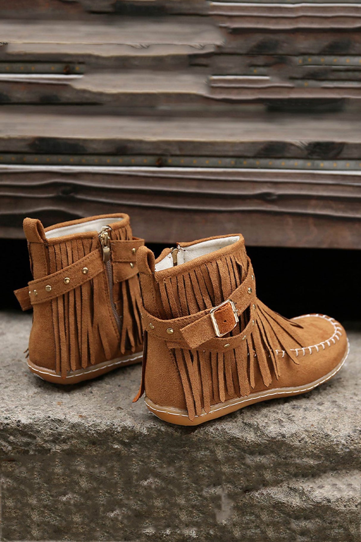 Arolora Tassel Rivet Buckle Ankle Boots
