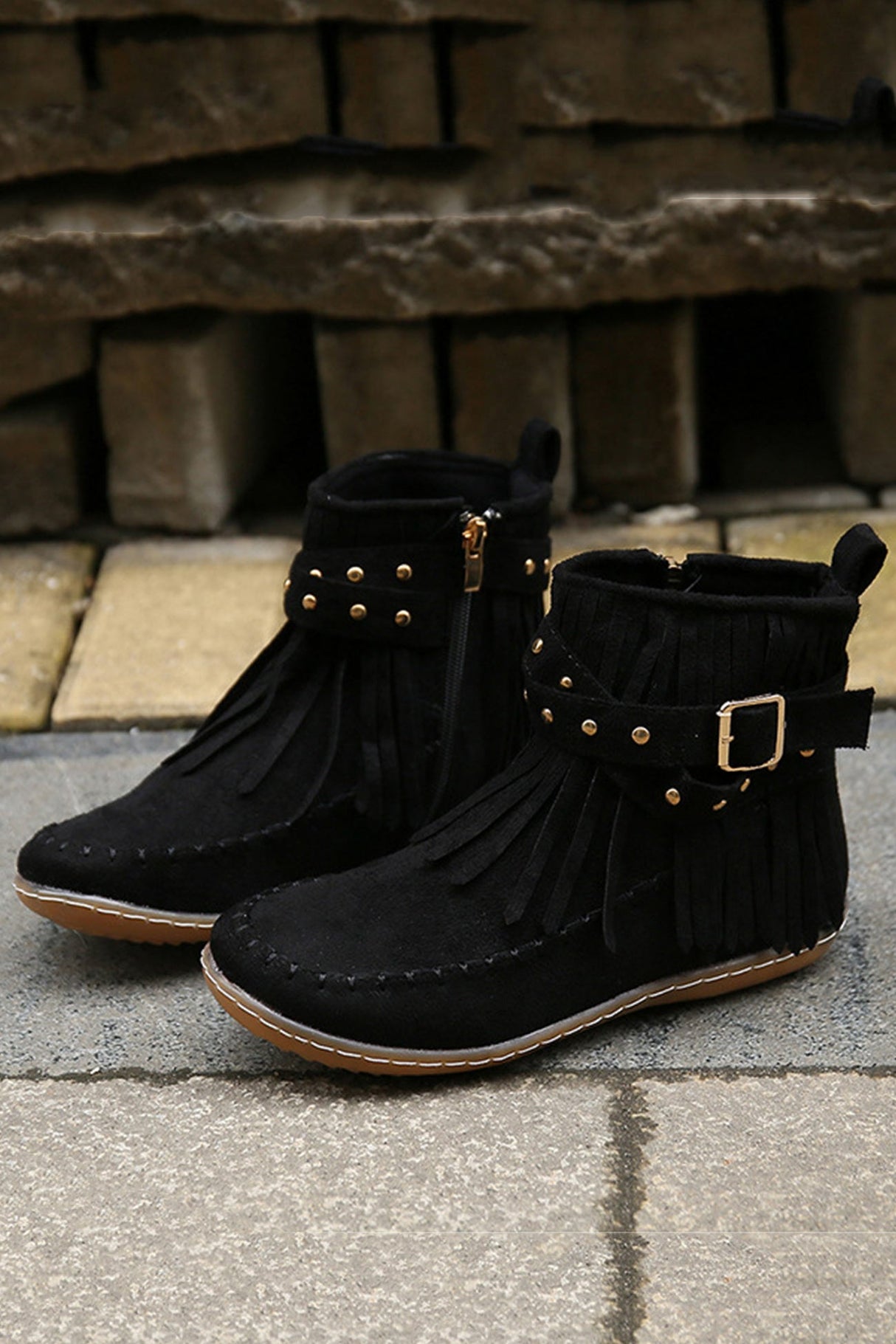 Arolora Tassel Rivet Buckle Ankle Boots