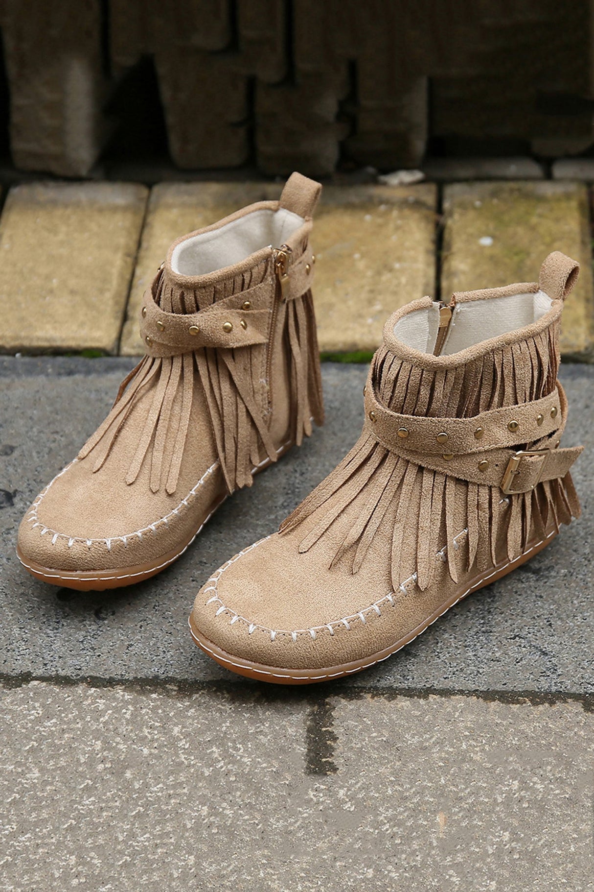 Arolora Tassel Rivet Buckle Ankle Boots