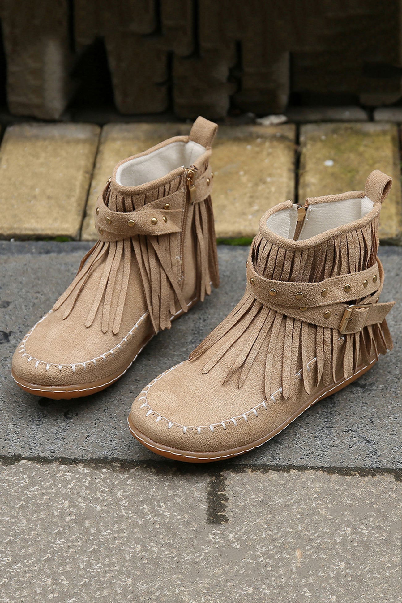 Arolora Tassel Rivet Buckle Ankle Boots