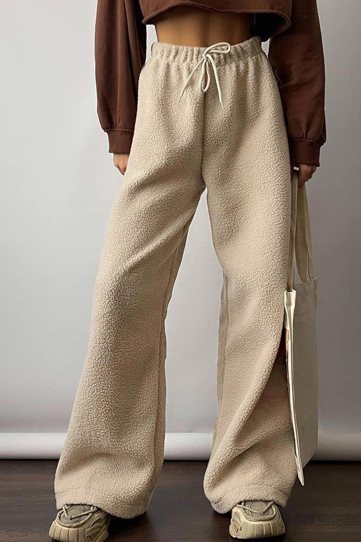 Arolora teddy-boucle-plush-wide-leg-pants