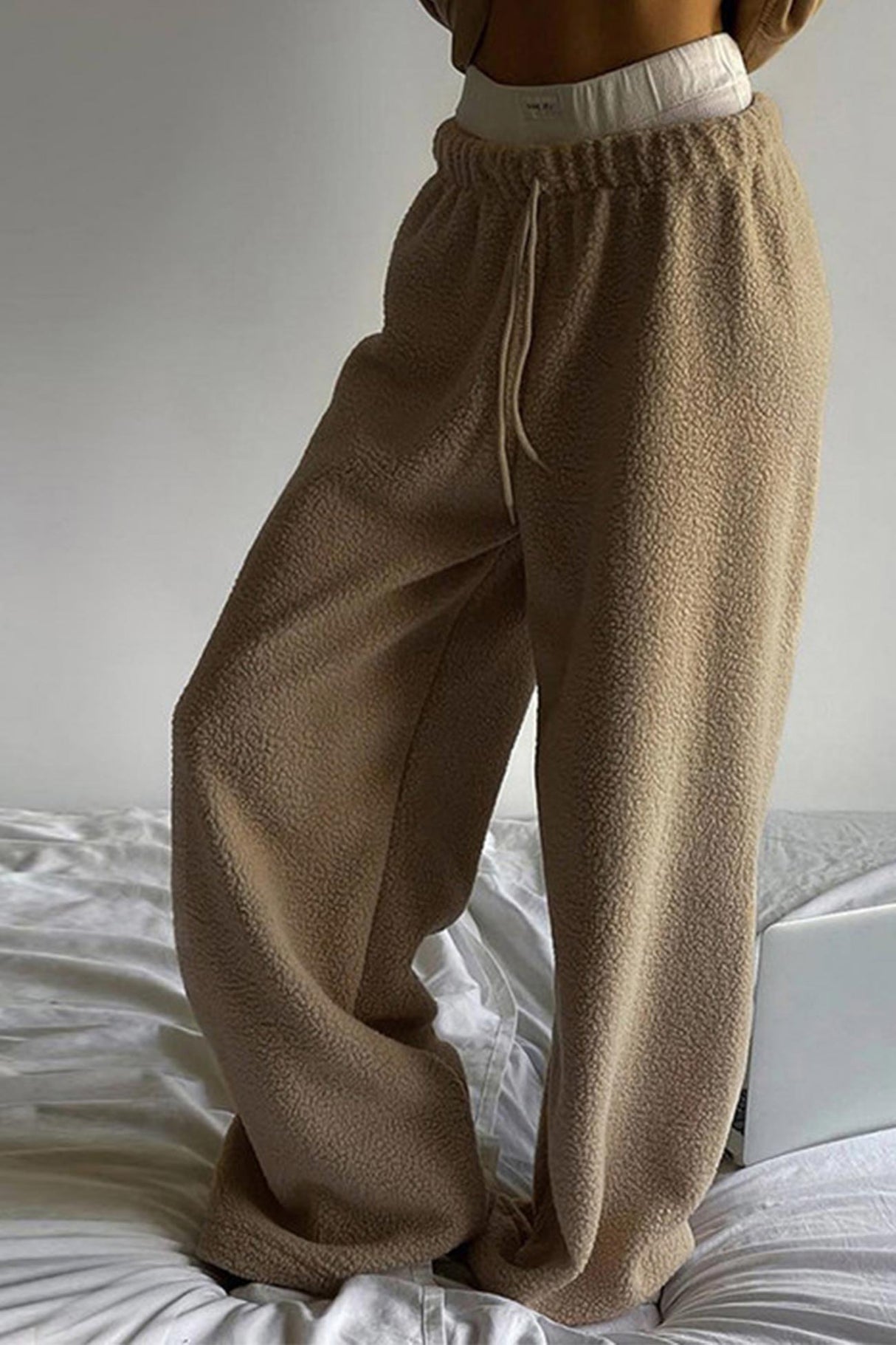 Arolora teddy-boucle-plush-wide-leg-pants