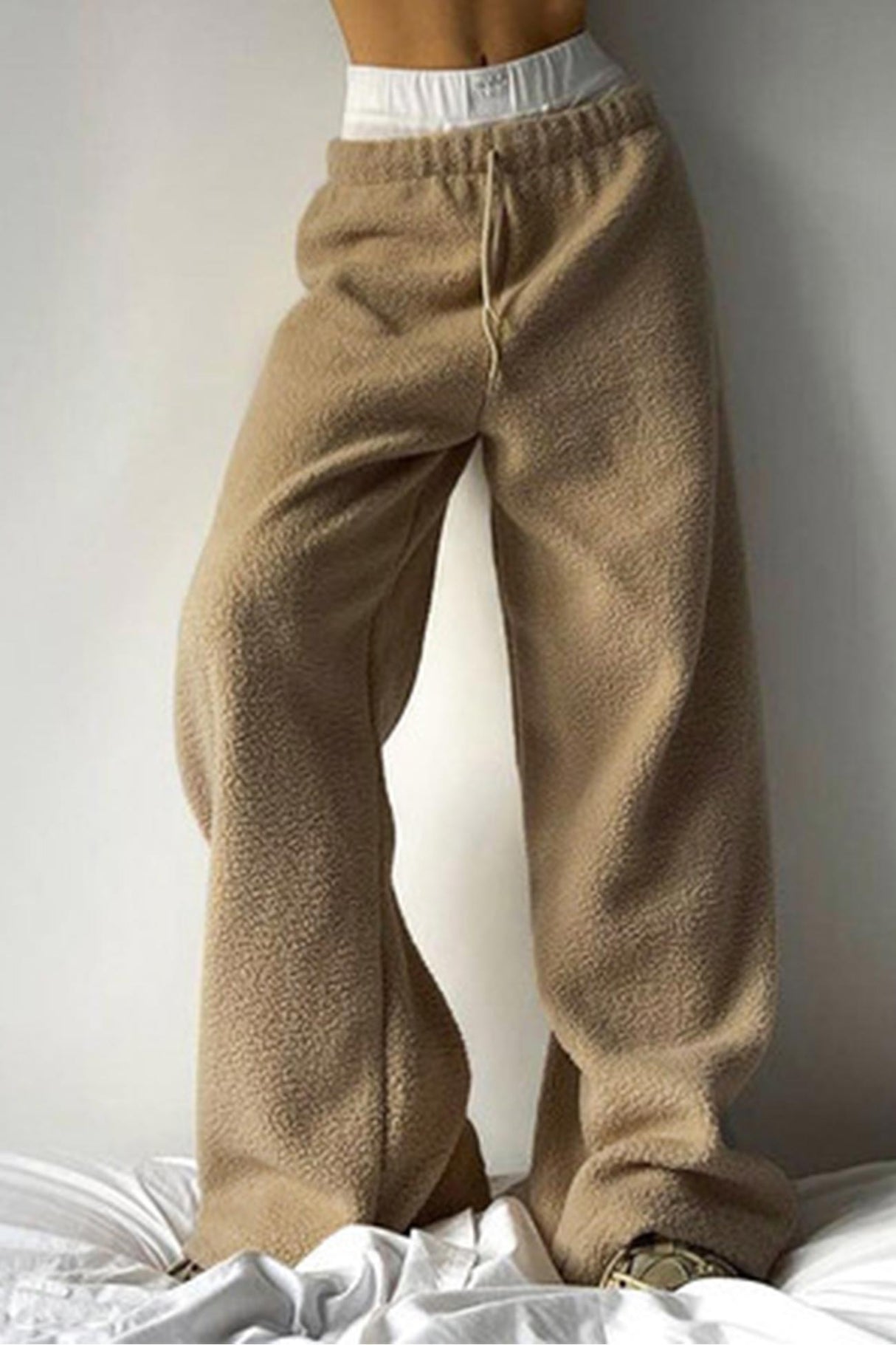 Arolora teddy-boucle-plush-wide-leg-pants