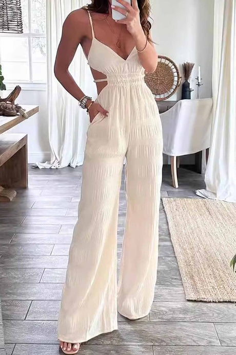 Arolora textured-backless-spaghetti-straps-jumpsuits
